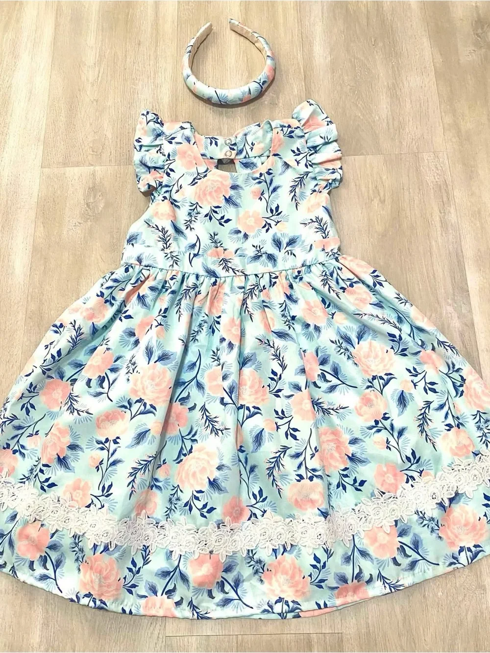 Tahari Light Blue Floral Dress with Pink Roses and Headband
